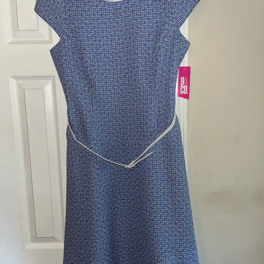 NWT, 9 & Co., Blue & White Dress with Belt, Size 12